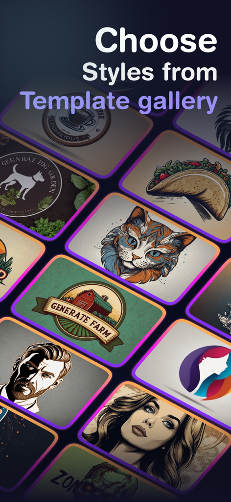 AI Logo Maker App - LookAI - A gallery showing diverse logo templates and creative styles in the LookAI app.