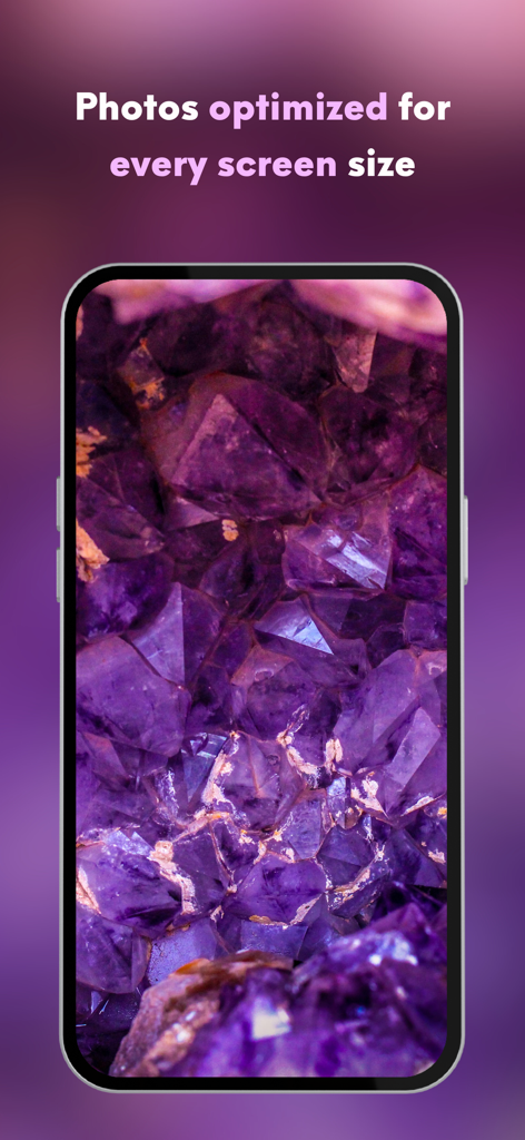 Aplicación iScreen que muestra un fondo de pantalla de amatista morada optimizado para varios tamaños de pantalla de smartphone