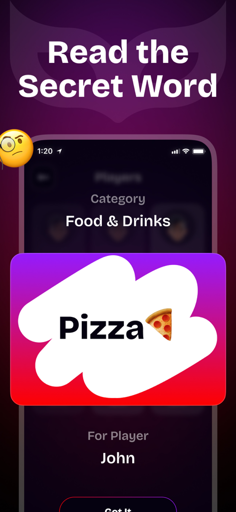 Mr White - Imposter Game: MASK - Pantalla de juego de Mr White que muestra una tarjeta de palabra secreta para un jugador