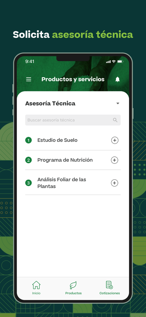 Abodom - Tela do aplicativo Abodom mostrando serviços de consultoria técnica para agricultores, incluindo estudo do solo e programas de nutrição vegetal.