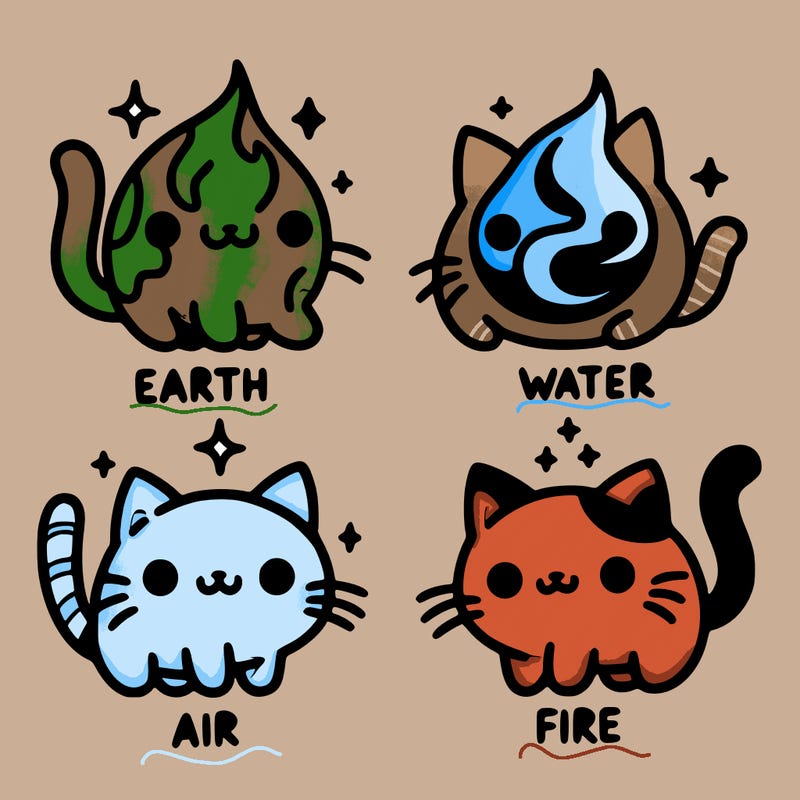4 cats that represent the different elements, earth, water, air, and fire