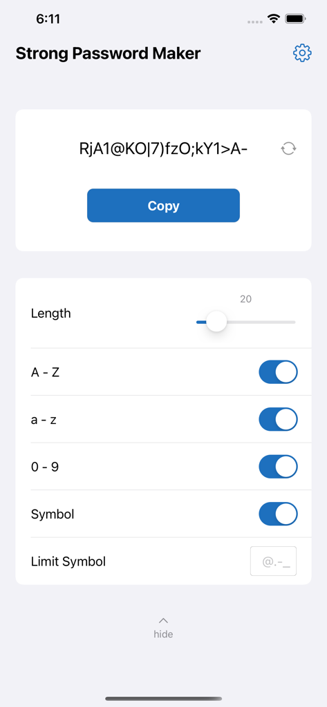 Interface móvel do aplicativo Gerador de Senhas Fortes mostrando uma senha gerada com configurações de personalização de comprimento e caractere