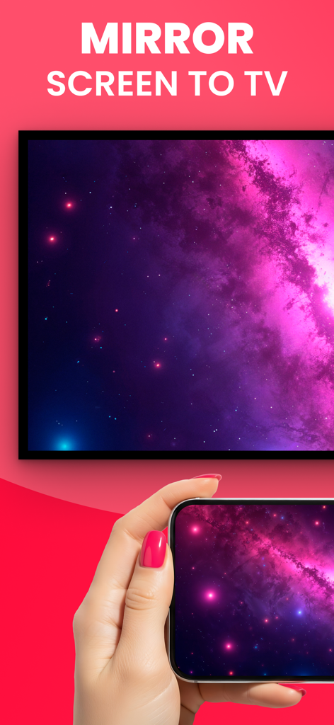 AllCast Screen Mirroring to TV - Hand holding a smartphone mirroring a purple galaxy image onto a television screen.