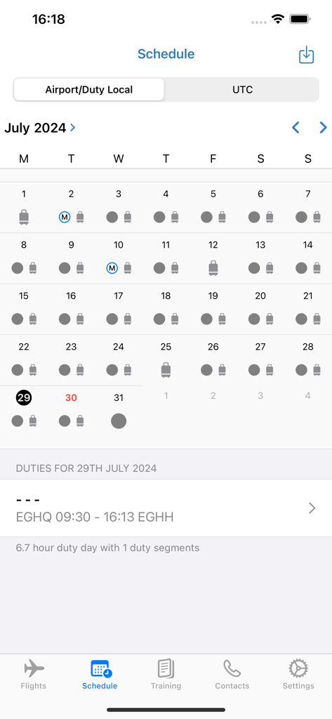 Monthly calendar view of pilot duty schedules and flight details in the myairops crew app.