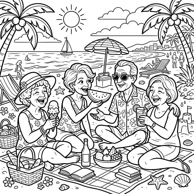 Dive into a delightful summer scene with this charming coloring page featuring elderly friends enjoying a beach picnic. Capture the warmth of friendship and sunshine as you bring this cheerful moment to life.