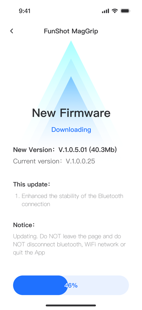 Telesin Fun Shot - Telesin Fun Shot app interface showing a firmware download progress for the MagGrip device