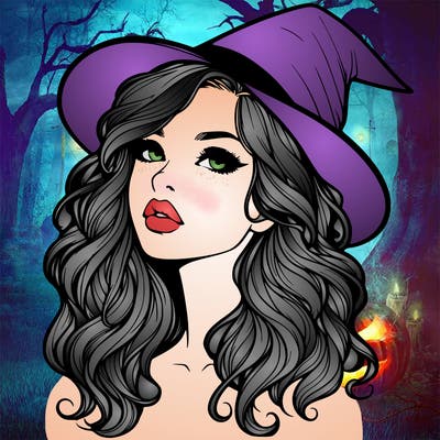 realistic witch girl with wavy hair and lips