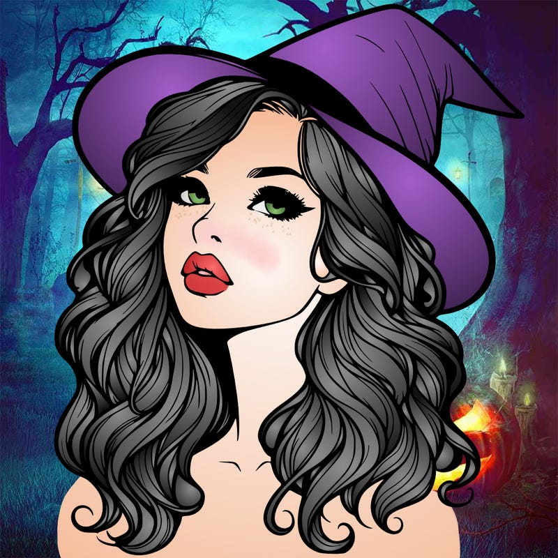 realistic witch girl with wavy hair and lips