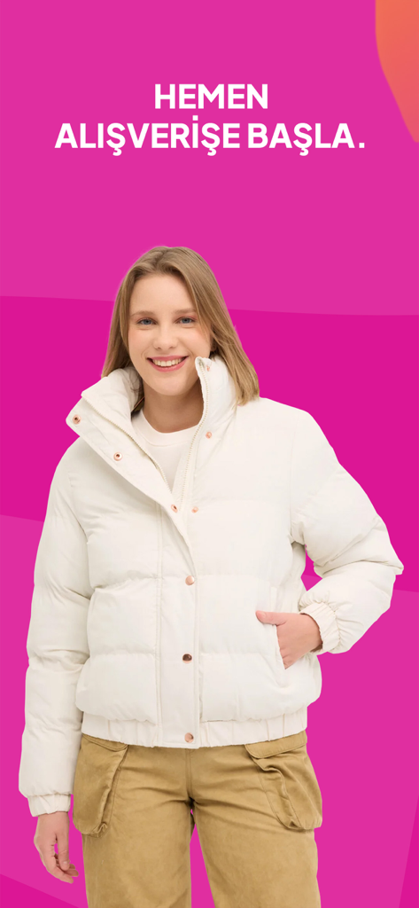 A woman smiling in a white puffer jacket on a pink background for the FLO shopping app