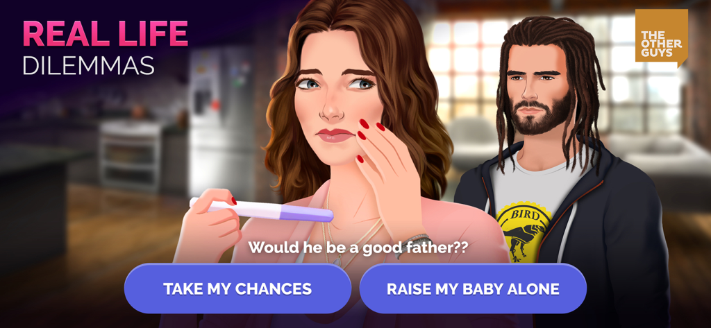 Journeys: Romance Stories - Un personaje femenino en una historia interactiva sosteniendo una prueba de embarazo mientras se enfrenta a una difícil elección de relación.