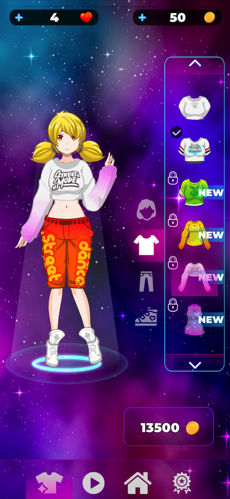 J-pop Dancing: Tap Dance Game - J-POPダンスゲームのキャラクターカスタマイズ画面、アニメダンサーと衣装があります。