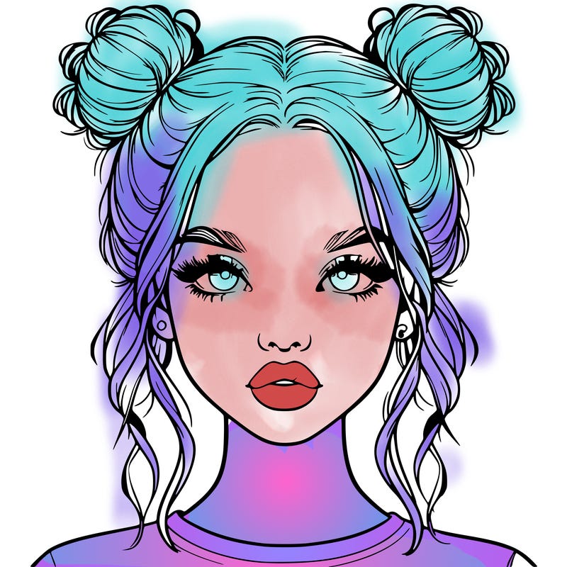 realistic girl with two buns in hair and lips