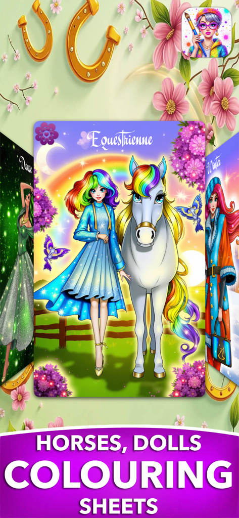 Colorful coloring pages for girls featuring horses dolls and rainbow ponies