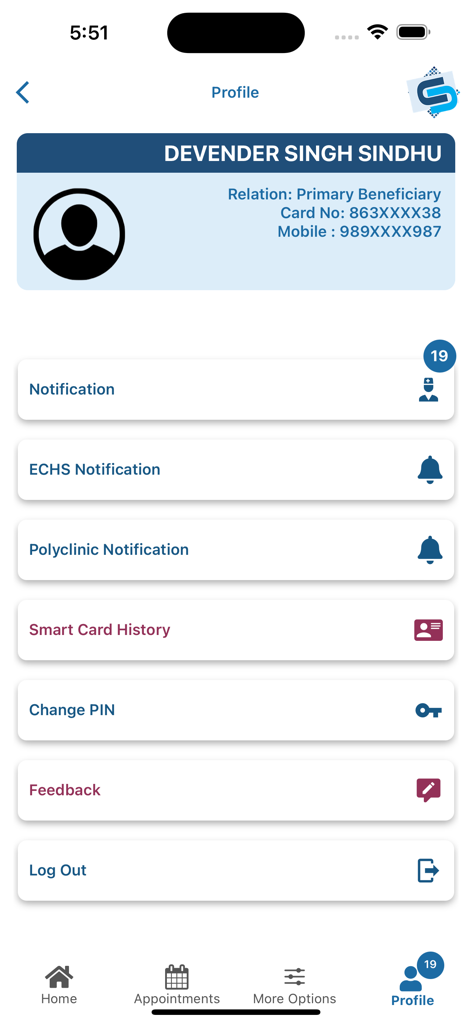 ECHS Beneficiary app profile page showing member details and navigation menu