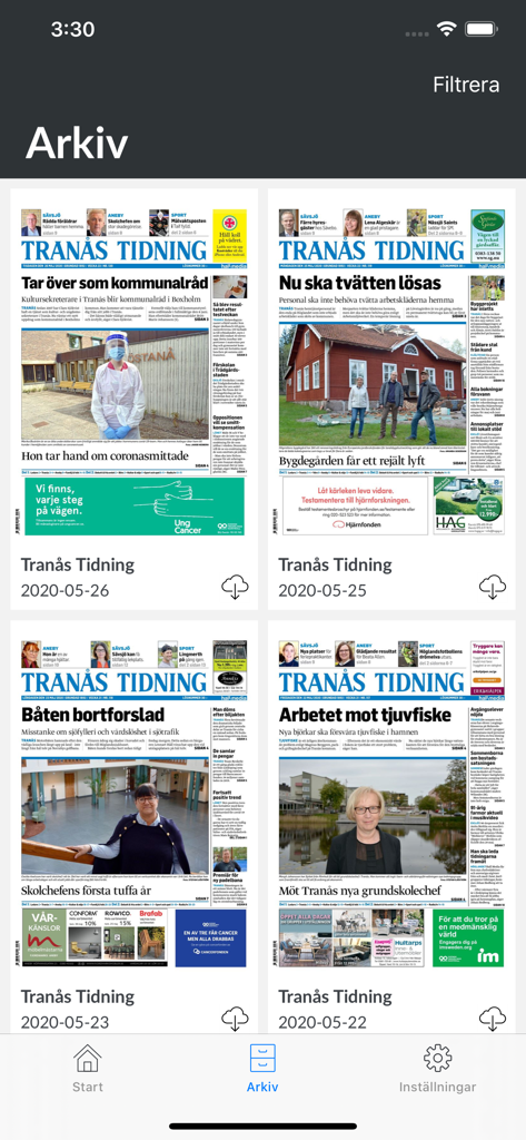 Mobile app archive view showing digital replicas of Tranas Tidning newspaper