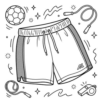 Get ready for playtime with this exciting athletic shorts coloring page, specially designed for active kids! Featuring playful sports gear like a soccer ball and jump ropes, it's perfect for young artists to imagine their next adventure.