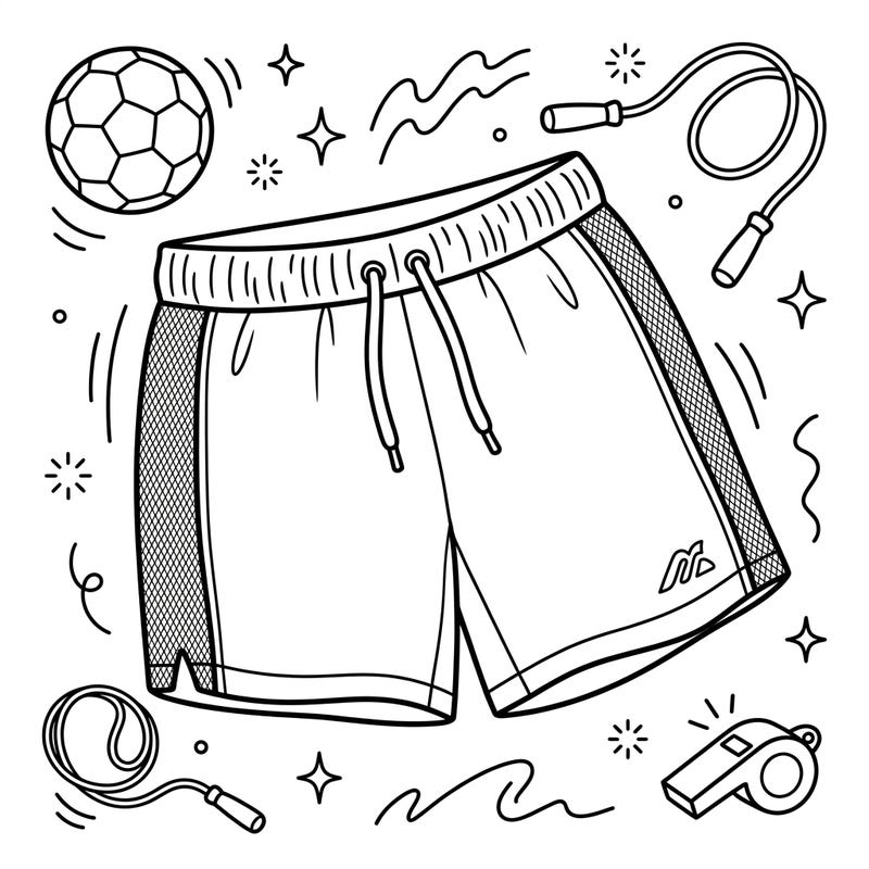 Get ready for playtime with this exciting athletic shorts coloring page, specially designed for active kids! Featuring playful sports gear like a soccer ball and jump ropes, it's perfect for young artists to imagine their next adventure.