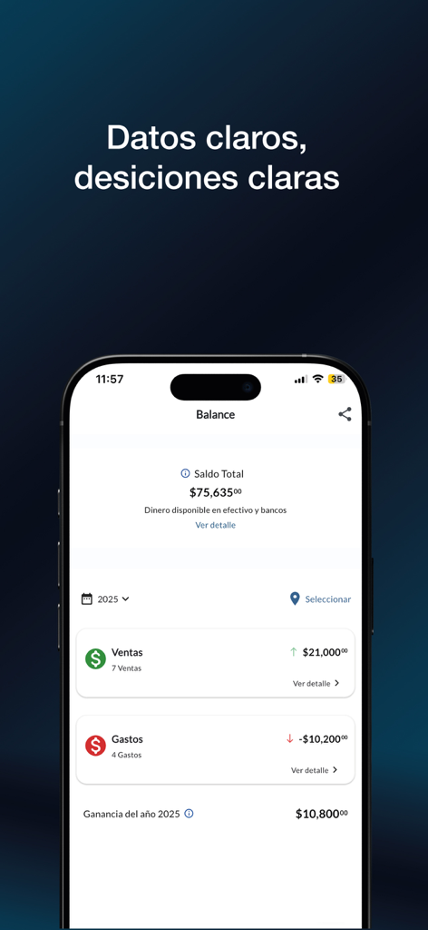 Painel do aplicativo móvel mostrando saldo comercial, vendas e despesas para microempreendedores