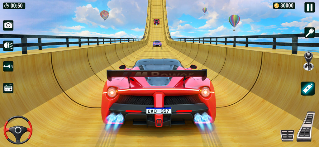 GT Car Stunt Driving Game - Red sports car driving on a curved mega ramp in a sky high racing stunt game.