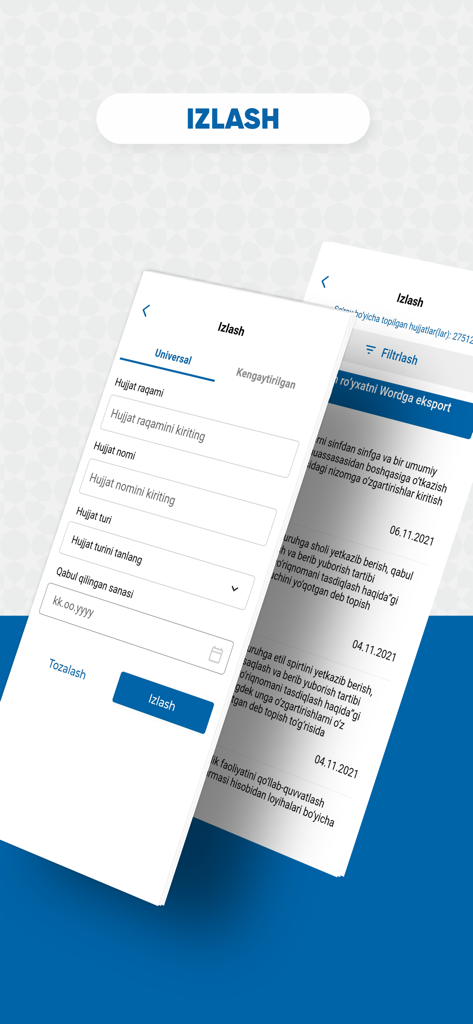 Suchoberfläche der LexUz-App zum Durchsuchen usbekischer Gesetzgebungsdokumente