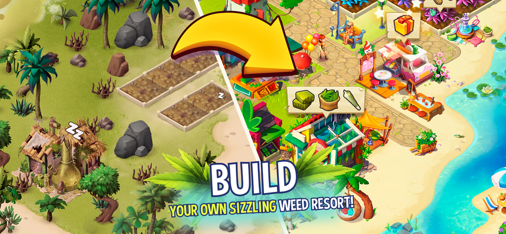 Hemp Paradise: 420 Weed Farm - A comparison showing an empty beach area transformed into a bustling tropical weed resort with shops and customers.