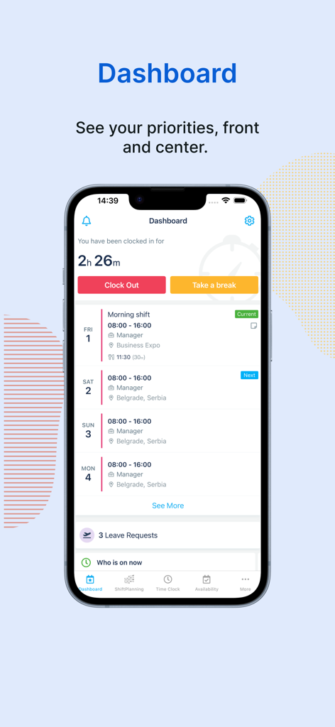 Pantalla de smartphone mostrando el panel de Humanity Schedule con próximos turnos y estado de registro de salida