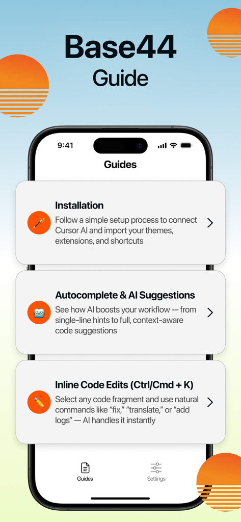 Base44ガイドアプリ画面。インストールとAIコード提案のチュートリアルを表示。