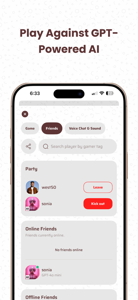 Whotnite - Play Whot Online - Whotnite app interface displaying a social party lobby featuring a GPT-powered AI player.
