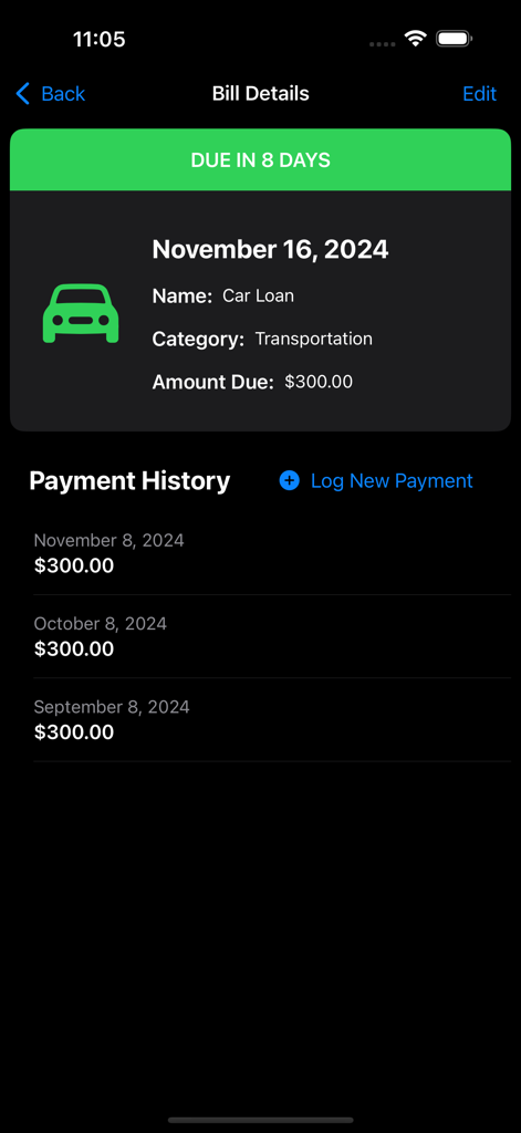 Bill Organizer + Reminders - Bill Details screen showing car loan payment history and upcoming due date in green