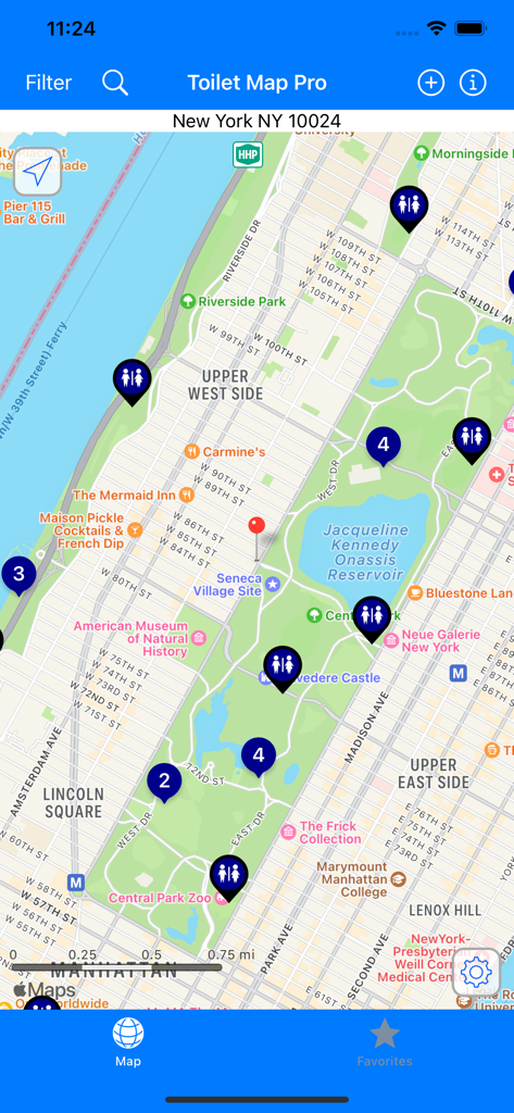 Map view of The Toilet Map app showing public restroom locations in New York City near Central Park