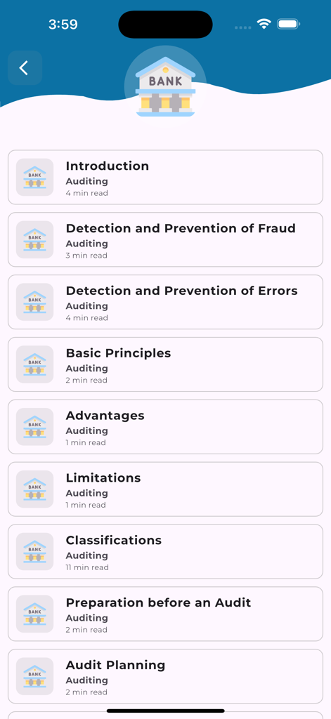 Learn Banking Offline [PRO] - Uno schermo dall'app Learn Banking che mostra un elenco di argomenti di auditing inclusi prevenzione frodi e pianificazione audit.