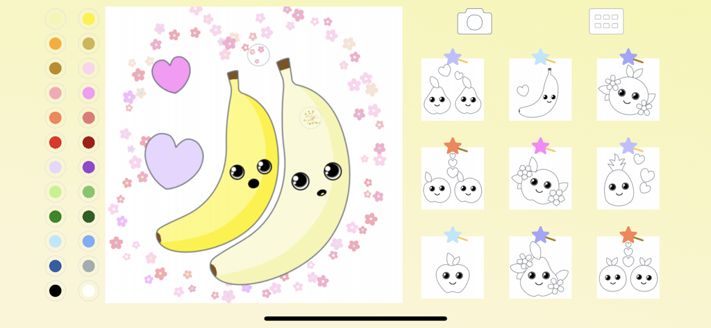 Fruit Coloring for Kid Toddler - Interface of a fruit coloring app for toddlers featuring cute cartoon bananas and a colorful paint palette