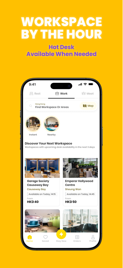 A mobile app interface for Flow Hotel and Workspace showing options to book hot desks and coworking spaces by the hour in various urban locations.