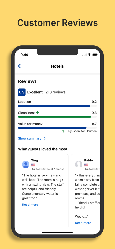 OneTravel Flight & Hotel Deals - Interfaz de la aplicación OneTravel que muestra reseñas de clientes de hoteles con calificaciones de ubicación, limpieza y relación calidad-precio
