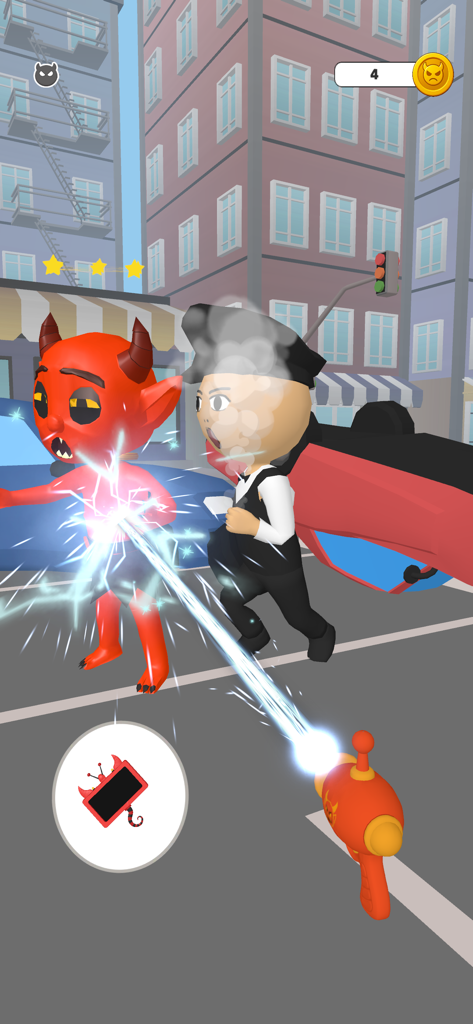 Find the Devil - Captura de pantalla del juego Encuentra al Diablo que muestra a un diablo rojo siendo fulminado con una pistola de rayos en una calle de la ciudad.