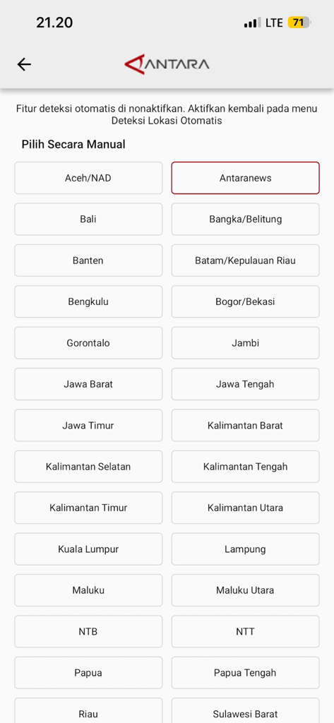 Antaranews - Manual region selection screen in the Antaranews app showing a list of Indonesian provinces