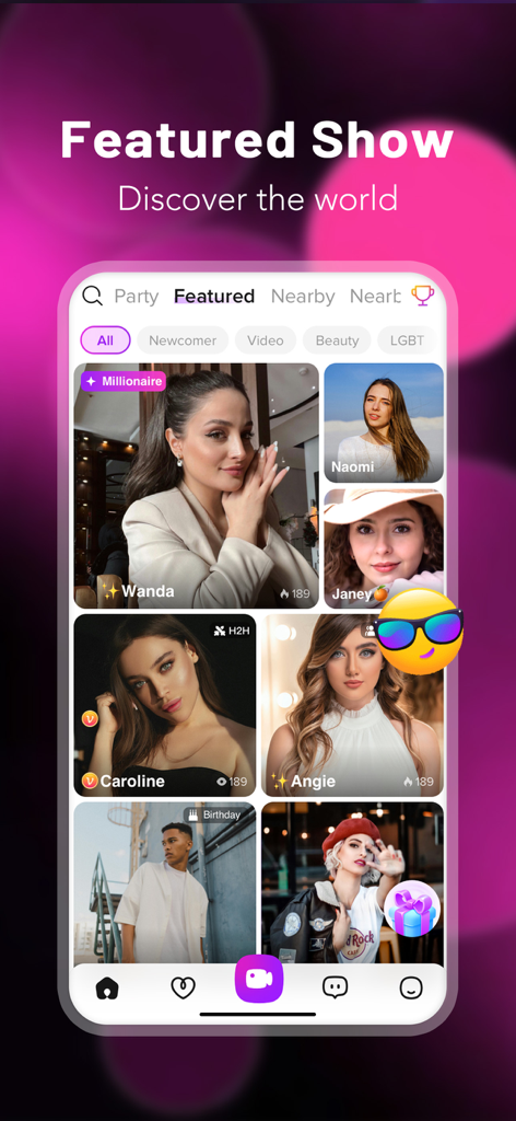 Screenshot of the LiveMe app discovery page showing featured live streamers and creator profiles