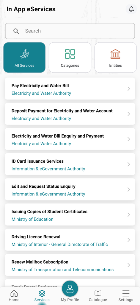 MyGov - Bahrain - 청구서 결제 및 문서 갱신을 포함한 MyGov 바레인 앱의 정부 서비스 목록