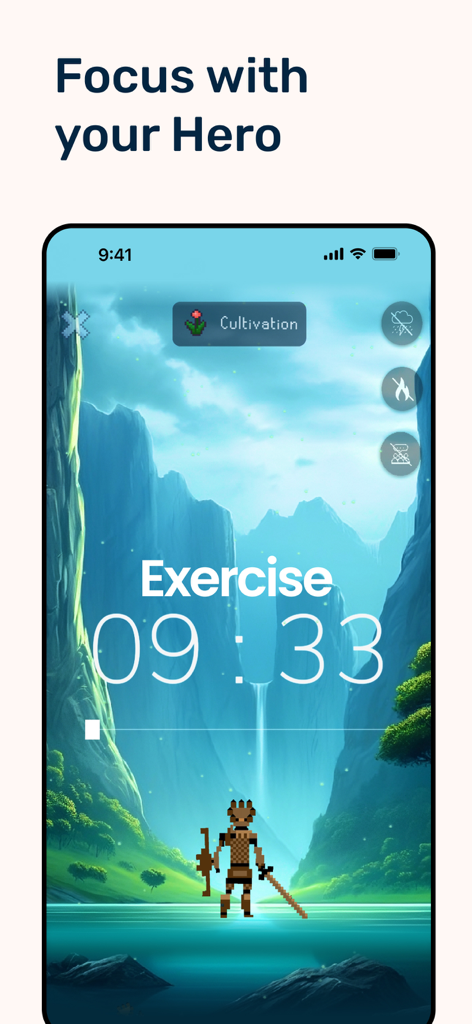 Focus Hero: Achieve your Goals - Focus Hero app showing an exercise countdown timer with a pixel art hero in a mountain landscape