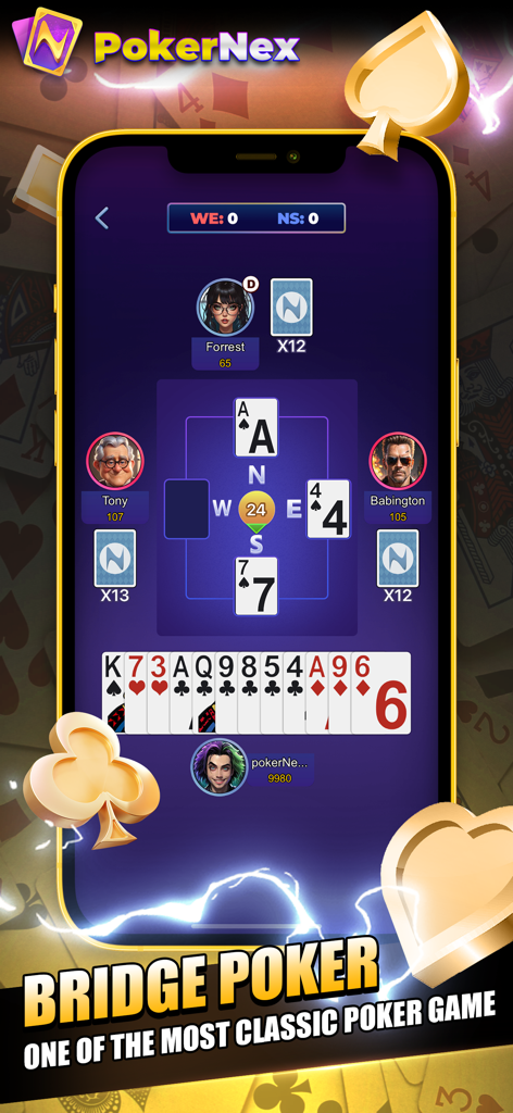 Una pantalla de teléfono móvil que muestra una partida de Bridge en la aplicación PokerNex, con avatares de jugadores y diseños de cartas.