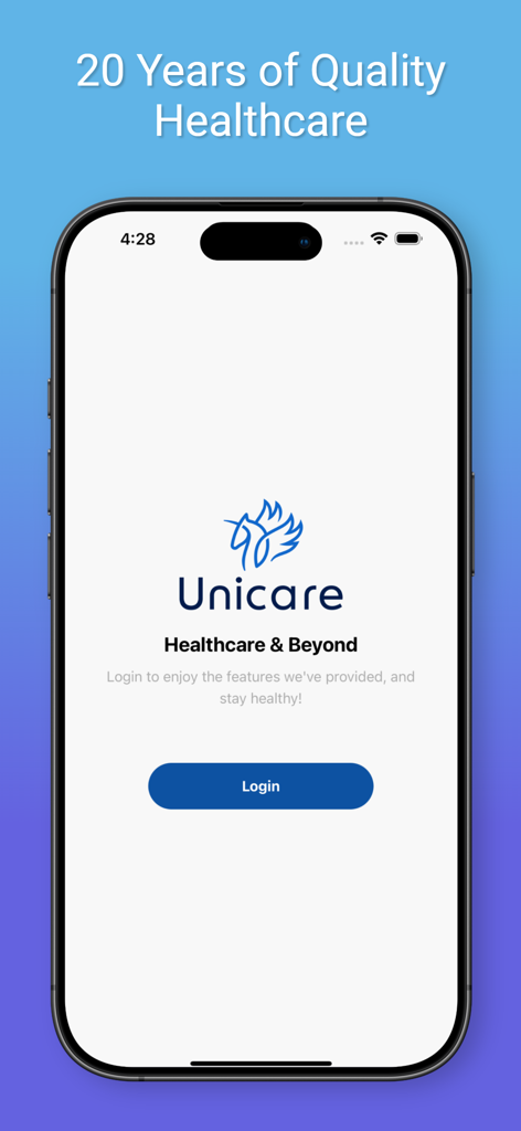 Unicare Egypt - Unicare Egypt mobile app login screen featuring the company logo and a tagline mentioning twenty years of quality healthcare.