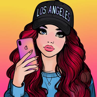 realistic beautiful girl wearing los ángeles cap holding an iphone