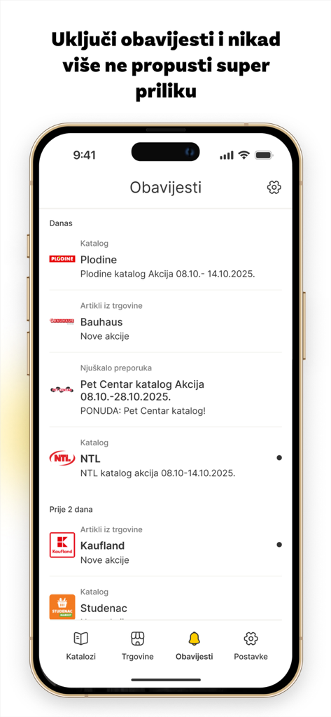 Captura de pantalla de iPhone de la pantalla de notificaciones de la aplicación Njuškalo Katalozi mostrando una lista de nuevos catálogos minoristas y ofertas especiales.