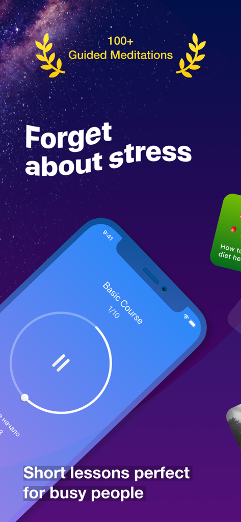 Practico meditation app screen showing short guided lessons to reduce stress for busy people