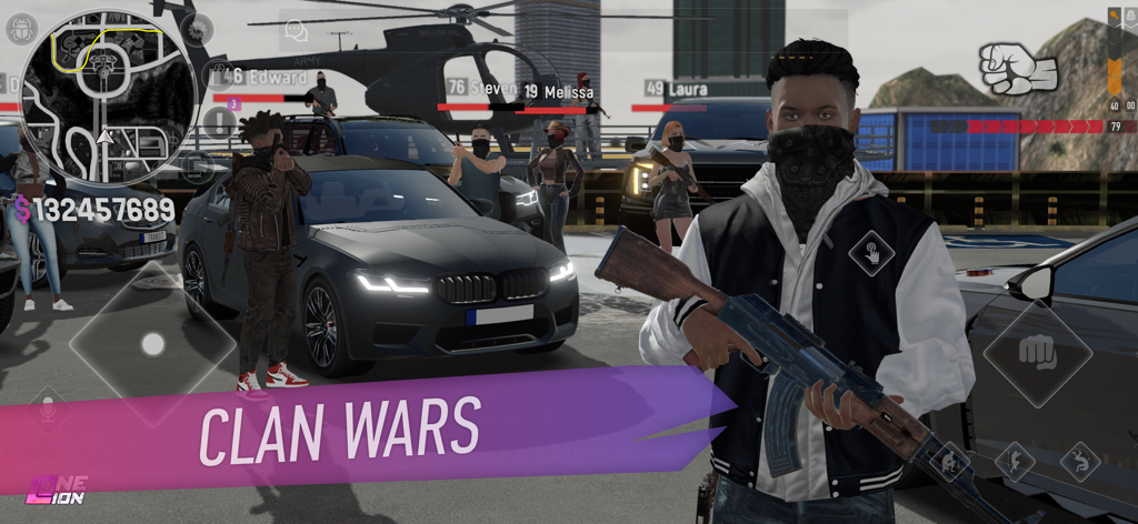 Personaggi armati e auto di lusso durante una guerra tra clan nel gioco di ruolo One Lion.