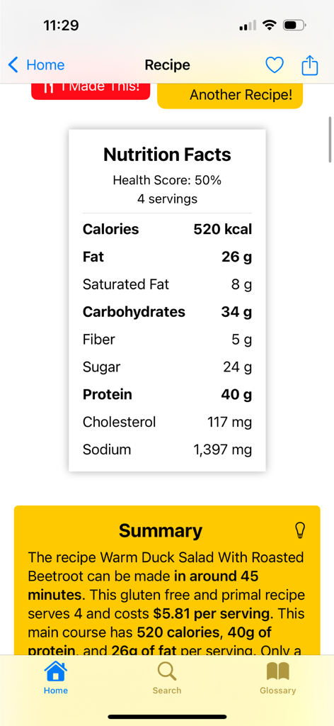 Yum‎ - A screenshot showing the nutrition facts and recipe summary for a warm duck salad in the Yum app.
