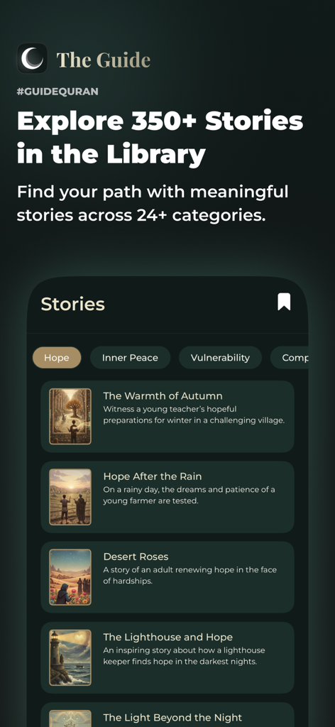 The Guide: Quran Companion - Interface da biblioteca de The Guide app exibindo histórias espirituais e temas como Esperança e Paz Interior
