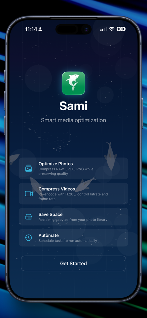 Sami - Media Optimizer - Home screen of Sami Media Optimizer app showing options to optimize photos and compress videos