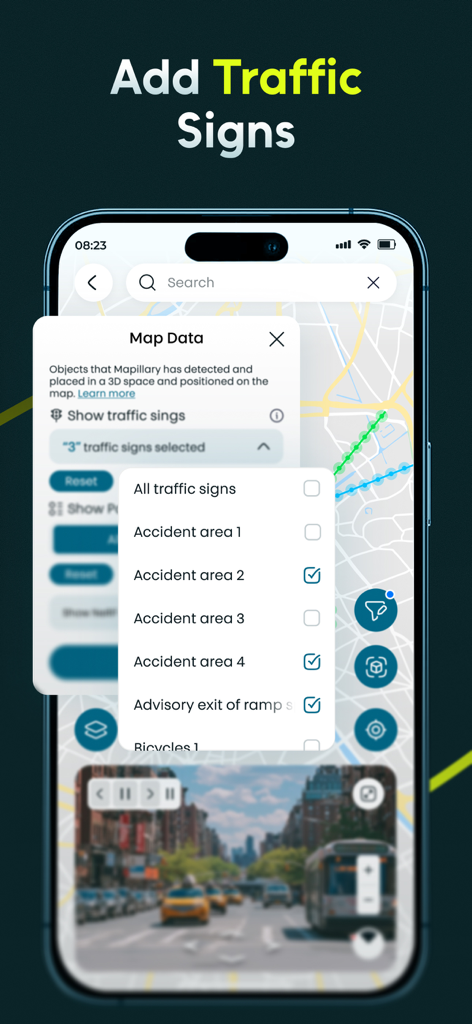 Live Earth Map: Street View - Un smartphone que muestra la interfaz de la aplicación Live Earth Map con un menú para agregar señales de tráfico y marcadores de accidentes al mapa.