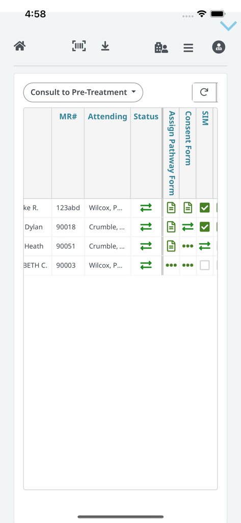 Elekta ONE | Smart View - Elekta ONE Smart View clinical workflow dashboard showing patient status and form completion